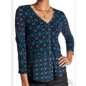 Lucky Brand | Blue & Black Mosaic Boho Print Button Down Blouse